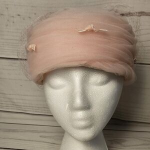 Vintage Handmade Pink Church Hat With Veil And Bows Pink Fascinator Pillbox Hat